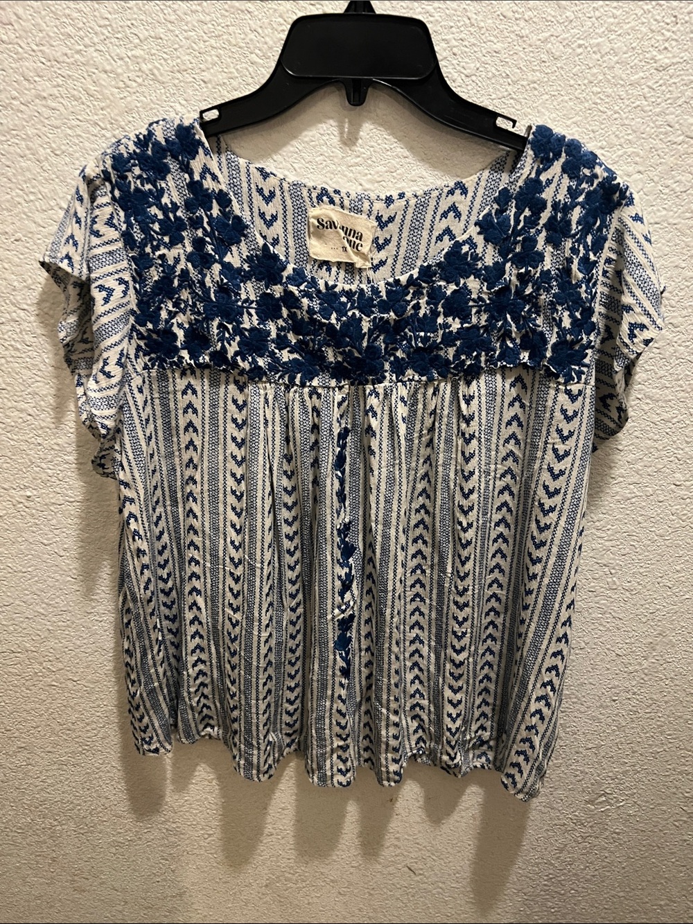 Savannah White Top with Blue Embroidered Yoke